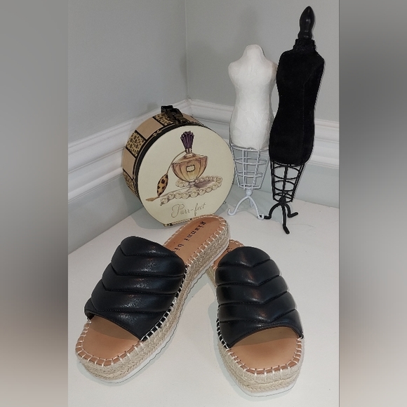 Gianni Bini Black Padded Leather Espadrille Sandals Pre-owned - Picture 2 of 6
